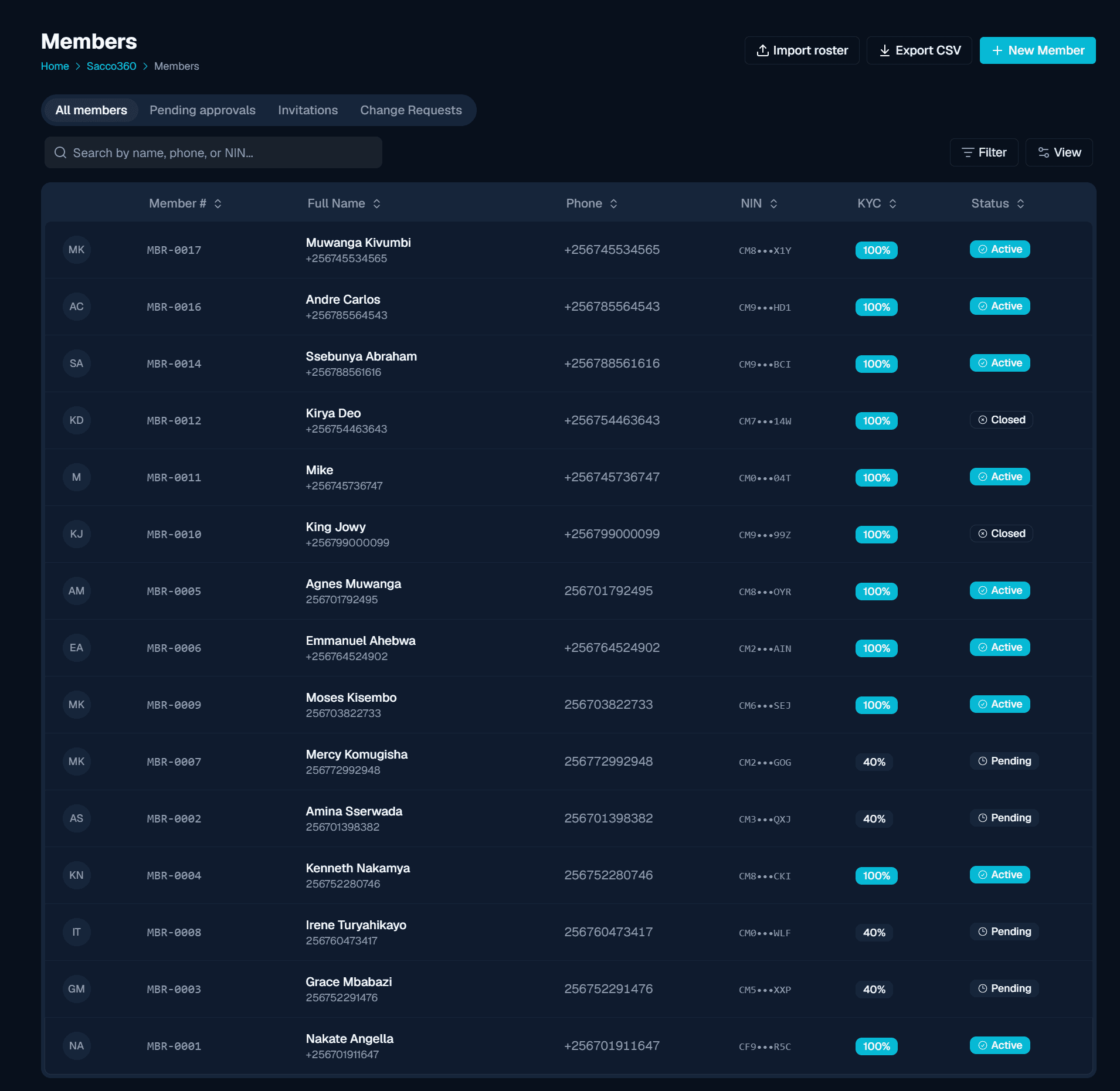 SACCO360 members register showing member numbers, KYC progress, and status